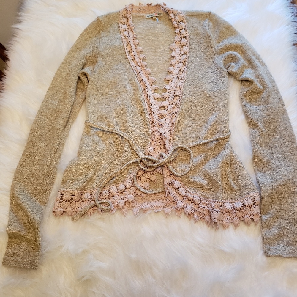 Altar'd State Small Oatmeal Crochet Trim Cardigan